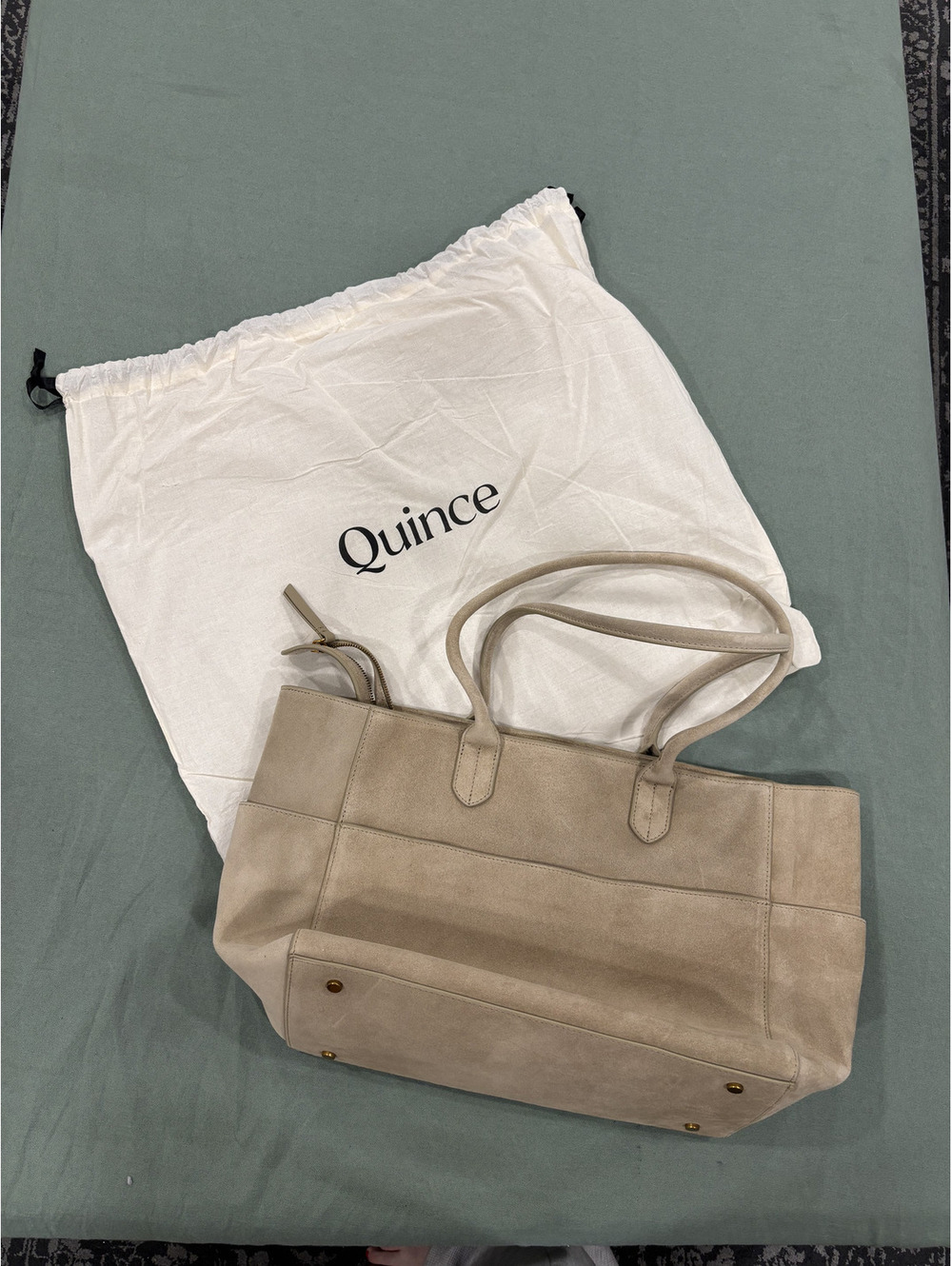 Quince Beige Suede Tote Bag with Gold Hardware and Dust Bag